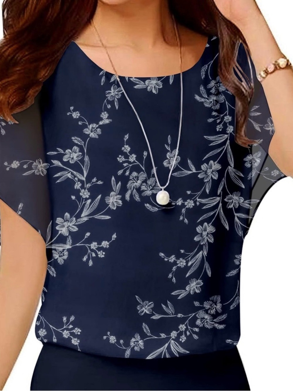 Source Unknown Navy Blue Floral Women's Blouse